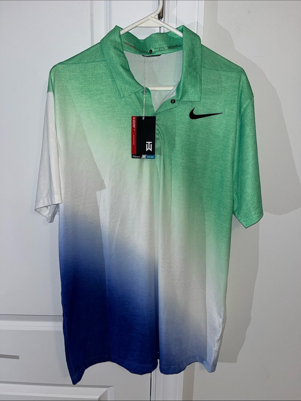 New Tiger Woods Collection Nike Blue White Green Golf Polo Shirt Classic Fit L